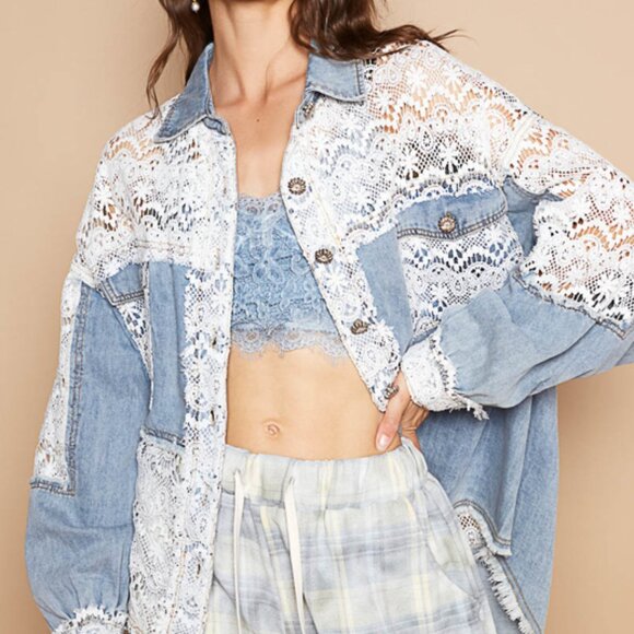 POL Denim & Lace Whimsical Shacket Size Large - Picture 2 of 5